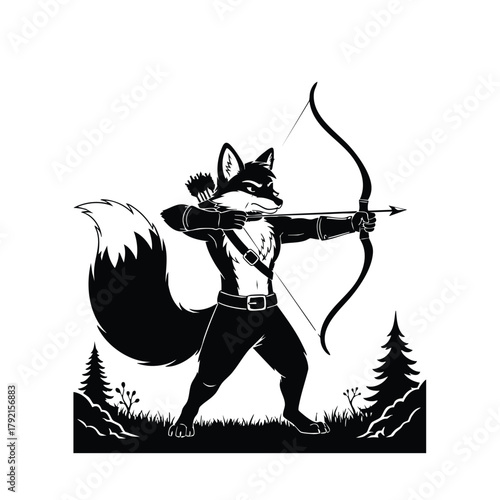 Fox archer silhouette on white background woodland animal character huntsman illustration