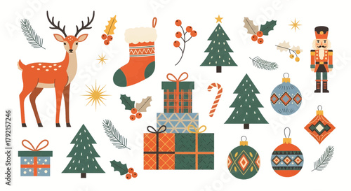 Vector illustration of collection of festive christmas elements including a deer, nutcracker, gifts, trees, and ornaments, isolated on a