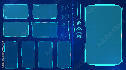 Blue Sci-Fi Target Acquisition Interface With UI Modules. A blue sci-fi interface focused on target acquisition, complete with modular UI blocks and scan elements.