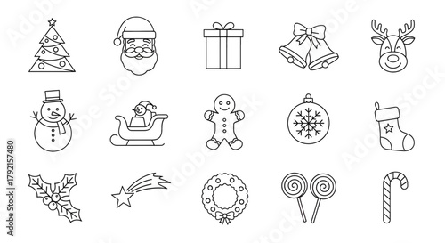 Christmas, set, holiday, winter, celebration, festive, decoration, symbol, drawing, hand drawn, sketch, outline, graphic, design, element, clipart, art, new year, season, 
