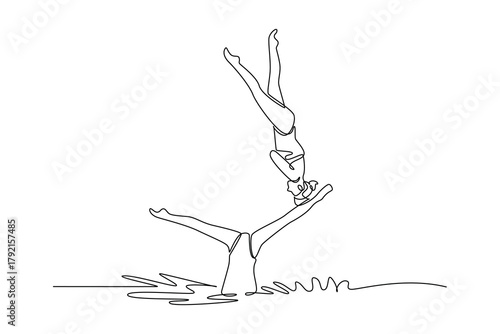 Single one line drawing two creative women are performing synchronized, upside-down vertical pose with one supporting the other in water. Modern continuous line draw design graphic vector illustration
