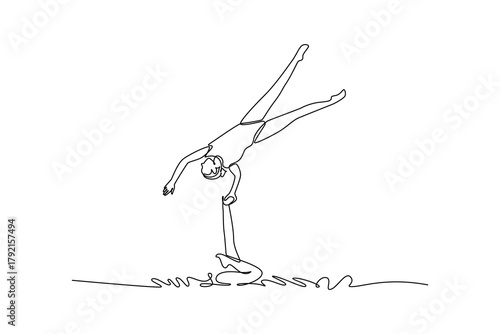 Single one line drawing two active women are performing synchronized vertical lift. Complex balance and fluid grace of artistic swimming. Modern continuous line draw design graphic vector illustration