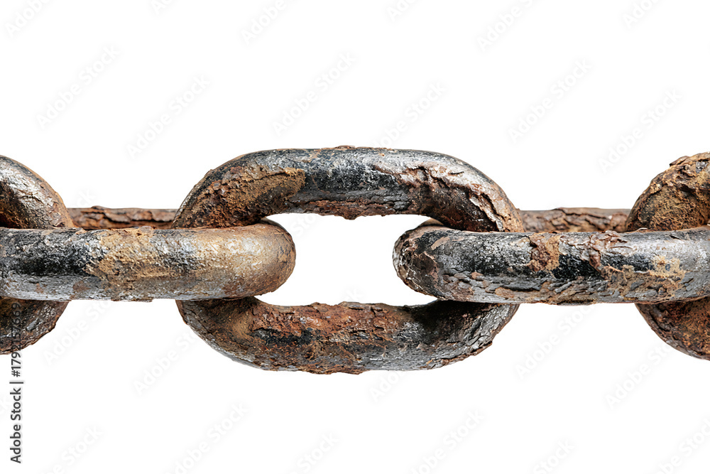 Fototapeta premium Corroded metal chain segment with rusty texture isolated on transparent background