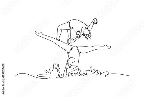 Single one line drawing two women are performing synchronized partner lift in water, with one supporting other in graceful, inverted arch pose. Continuous line draw design graphic vector illustration