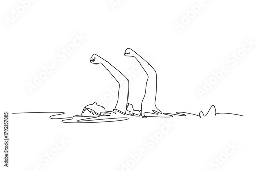Continuous one line drawing two women are executing synchronized inverted vertical pose in water. Grace, precision, fluid motion of aquatic sport. Single line draw design vector graphic illustration