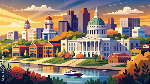 Very beautiful downtown view of Jefferson City, Missouri, USA, on the Missouri River with the State Capitol building, featuring elegant neoclassical architecture, riverside scenery, and a serene citys