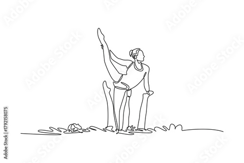 Continuous one line drawing three active women are performing synchronized partner lift in the water, with one balanced upright and extending a leg. Single line draw design vector graphic illustration