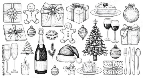 Vector illustration of collection of handdrawn christmas and new year elements including gifts, gingerbread man, champagne, cake, wine, and tree isolated on