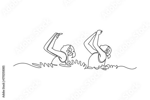 Continuous one line drawing two women are performing synchronized arm movement above water surface. Grace, precision, fluid motion of aquatic sport. Single line draw design vector graphic illustration