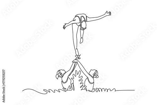 Continuous one line drawing three women are performing a synchronized partner lift and arch over the water, illustrating complex teamwork and grace. Single line draw design vector graphic illustration