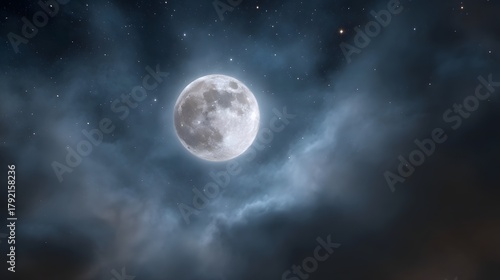 Wallpaper Mural A full moon shines brightly through wispy clouds against a star filled night sky Torontodigital.ca