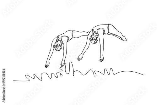Continuous one line drawing two women are jumping to pool to start performing a synchronized swim over the water, illustrating grace and precision. Single line draw design vector graphic illustration