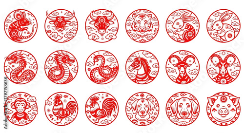 Vector illustration of collection of 15 traditional chinese zodiac animals in red circular paper cutouts, displayed on a