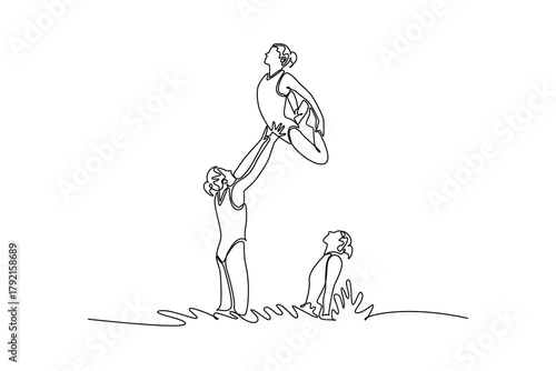 Single continuous line drawing three women are performing synchronized partner lift in water, with one launched airborne above others in curled pose. One line draw graphic design vector illustration