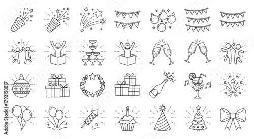 Vector illustration of collection of simple line art icons representing celebration and party elements, isolated on