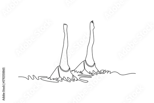 Single continuous line drawing two women are performing perfect synchronized vertical position in water, with only their legs extended above surface. One line draw graphic design vector illustration