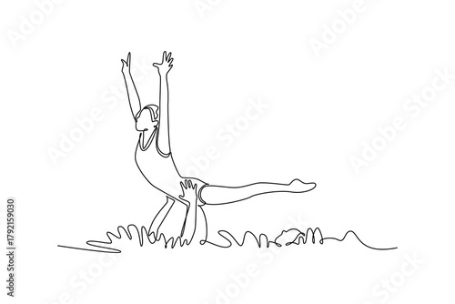 Single continuous line drawing two women are performing synchronized partner lift in water, with one balanced by the other in upright, graceful pose. One line draw graphic design vector illustration