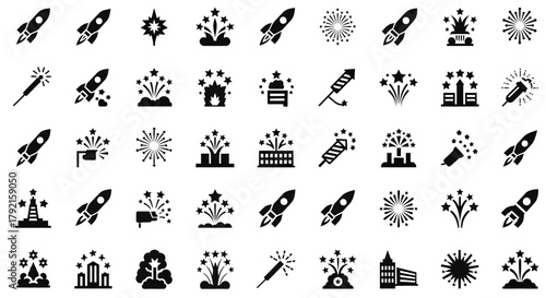 Vector illustration of collection of black silhouette icons representing fireworks, rockets, and celebratory explosions on a