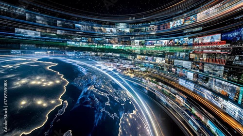 Planetary tunnel of screens and light streaks rushes forward, creating dynamic broadcast universe for OTT, metaverse and hyper-media storytelling concepts.