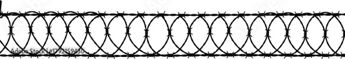 Barbed wire fence, razor wire loops, security barrier, prison perimeter, sharp metal coils, restricted zone, danger, protection, deterrent, safety
