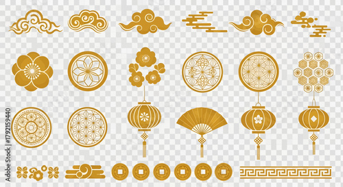 Vector illustration of golden chinese traditional elements and symbols collection, including clouds, flowers, lanterns, fans, coins, and decorative borders, on a transparent background