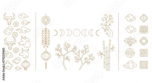 Vector illustration of collection of traditional chinese new year symbols and elements in gold line art, including zodiac animals, clouds, lanterns, and lunar phases, isolated on