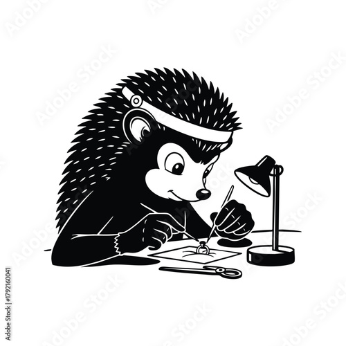 Hedgehog Jeweler Silhouette Focusing on Craft on White Background with Magnifying Glass and Jewelry Tools