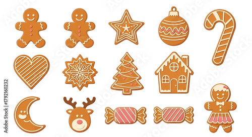 Vector illustration of collection of assorted gingerbread cookies in various festive shapes, isolated on