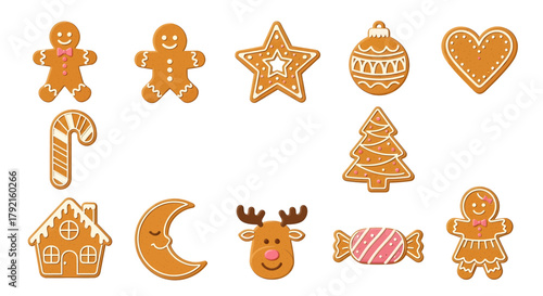 Vector illustration of collection of festive gingerbread cookies in various christmas shapes, isolated on