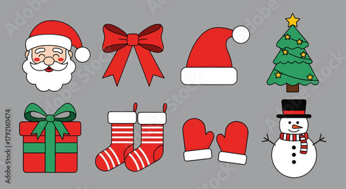 Vector illustration of collection of christmas icons including santa claus, gift box, christmas tree, snowman, santa hat, bow, stockings, and mittens on a gray background