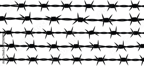 Barbed wire silhouette set, five strand styles, sharp fencing design, black wire pattern, security concept, protective barrier, danger symbol, industrial theme