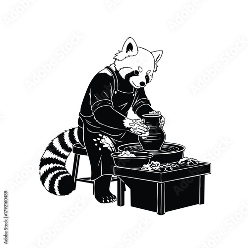 Red Panda Potter Crafting Clay Pot Silhouette on White Background Vector Art Illustration