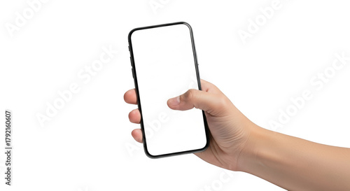 Hand holding a modern smartphone with a blank white screen and thumb touching the display isolated on a transparent background