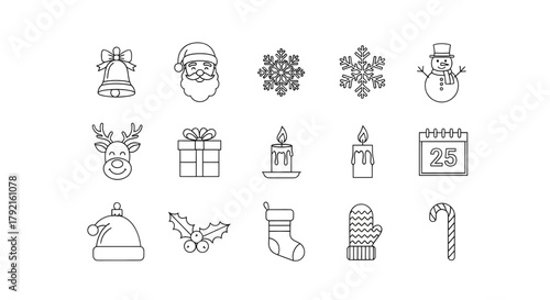 Vector illustration of collection of handdrawn christmas icons in black and white, isolated on a