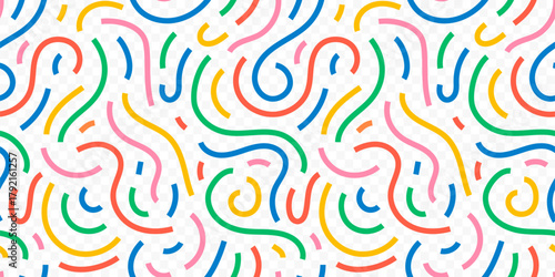 Fun colorful line doodle seamless pattern. Creative minimalist style art background for children or trendy design with basic shapes. Simple childish scribble backdrop. Vector stock background
