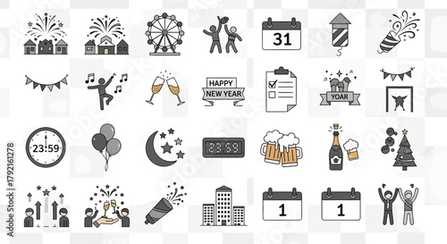 Vector illustration of collection of new years eve celebration icons including fireworks, ferris wheel, calendar, party poppers, and festive elements