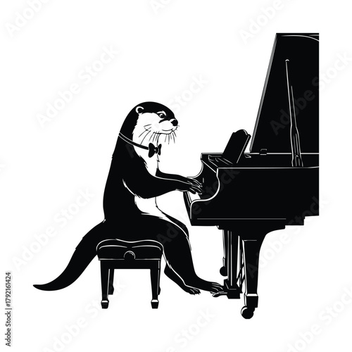 Otter silhouette on White background wearing suit and bow tie playing grand piano in elegant formal style