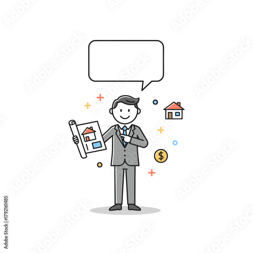 Stickman real estate agent presenting property sales data with a speech bubble, symbolizing communication and successful business strategy.
