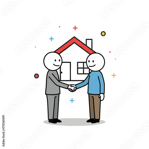Stick figure realtor shaking hands with client after successful property sale, symbolizing trust, cooperation, and real estate partnership.