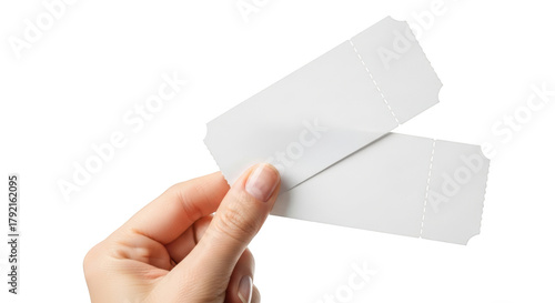 Hand holding two blank white paper tickets with perforated edges isolated on a transparent background