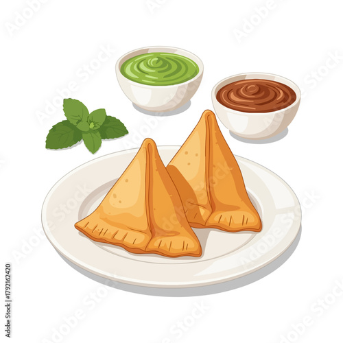 Samosa with Chutneys – Traditional Indian Snack Vector Illustration  
