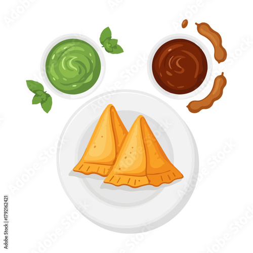 Samosa with Chutneys – Traditional Indian Snack Vector Illustration  
