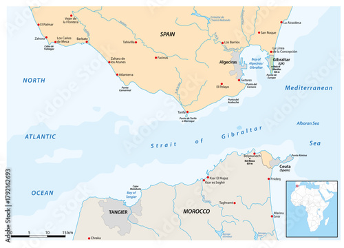 Vector map of the Strait of Gibraltar, waterway between Spain and Morocco