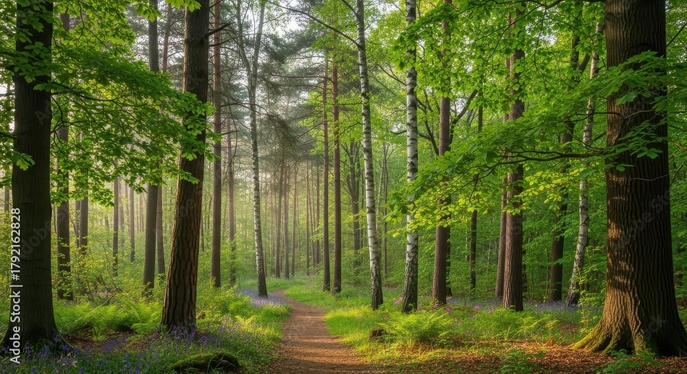 Fototapeta premium Sunlight streams through the canopy of a lush forest offering a tranquil escape into nature's