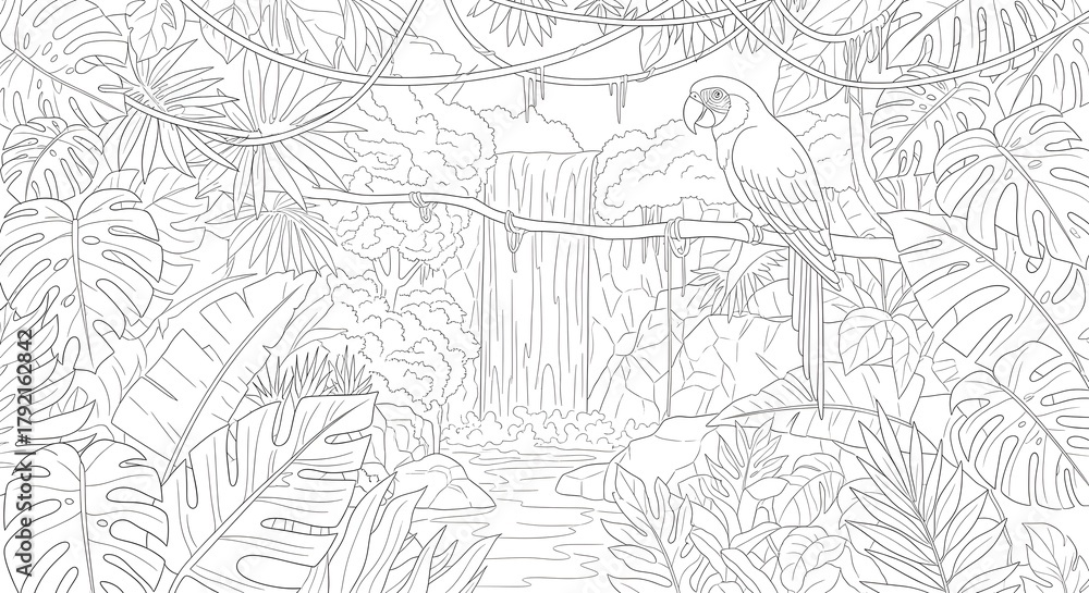 Fototapeta premium Detailed Jungle Paradise Coloring Page with Exotic Parrot and Waterfall Scene