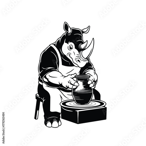Rhino pottery studio silhouette on White background artist at work with wheel and clay production handmade hobby