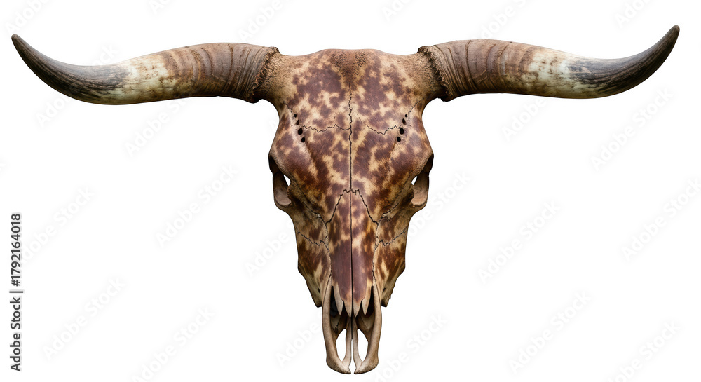 Fototapeta premium Longhorn cattle skull with patterned brown and tan markings and curved horns isolated on a transparent background