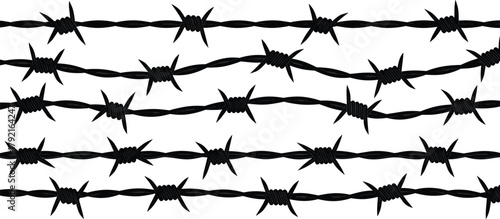 Barbed wire strand set, six twisted designs, sharp fencing texture, metal security concept, protective barrier, danger symbol, industrial wire pattern