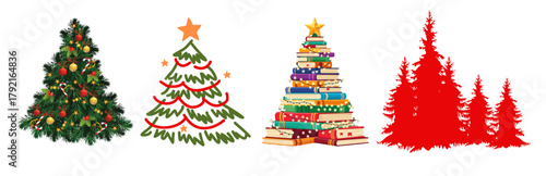 Compilation of four distinct christmas tree illustrations: decorated, stylized, book stack, and silhouette