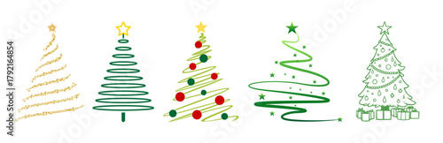 Collection of five stylized green and gold christmas trees with stars and gifts, isolated on white